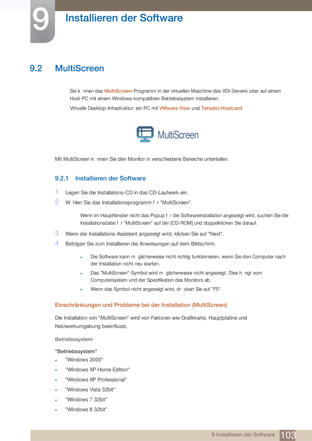 Samsung LF22NTBHBNM/EN, LF22NTBHBNU/EN, LF22FN1PFBZXEN manual MultiScreen, Installieren der Software 