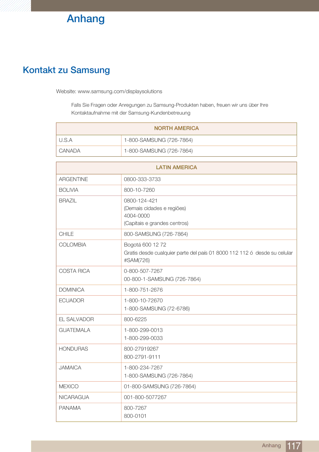 Samsung LF22NTBHBNU/EN, LF22NTBHBNM/EN, LF22FN1PFBZXEN manual Anhang, Kontakt zu Samsung 