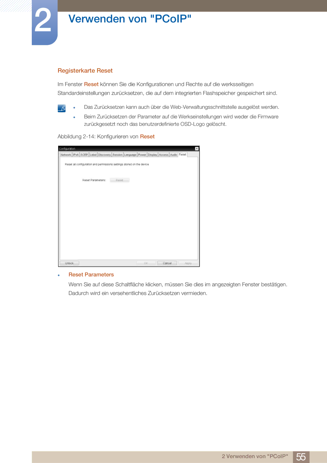 Samsung LF22NTBHBNM/EN, LF22NTBHBNU/EN, LF22FN1PFBZXEN manual Registerkarte Reset,  Reset Parameters 