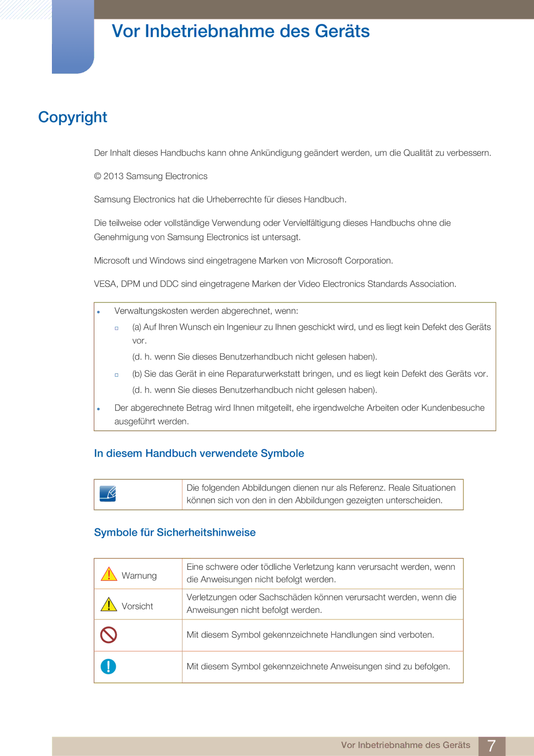 Samsung LF22NTBHBNM/EN, LF22NTBHBNU/EN manual Vor Inbetriebnahme des Geräts, Copyright, Diesem Handbuch verwendete Symbole 