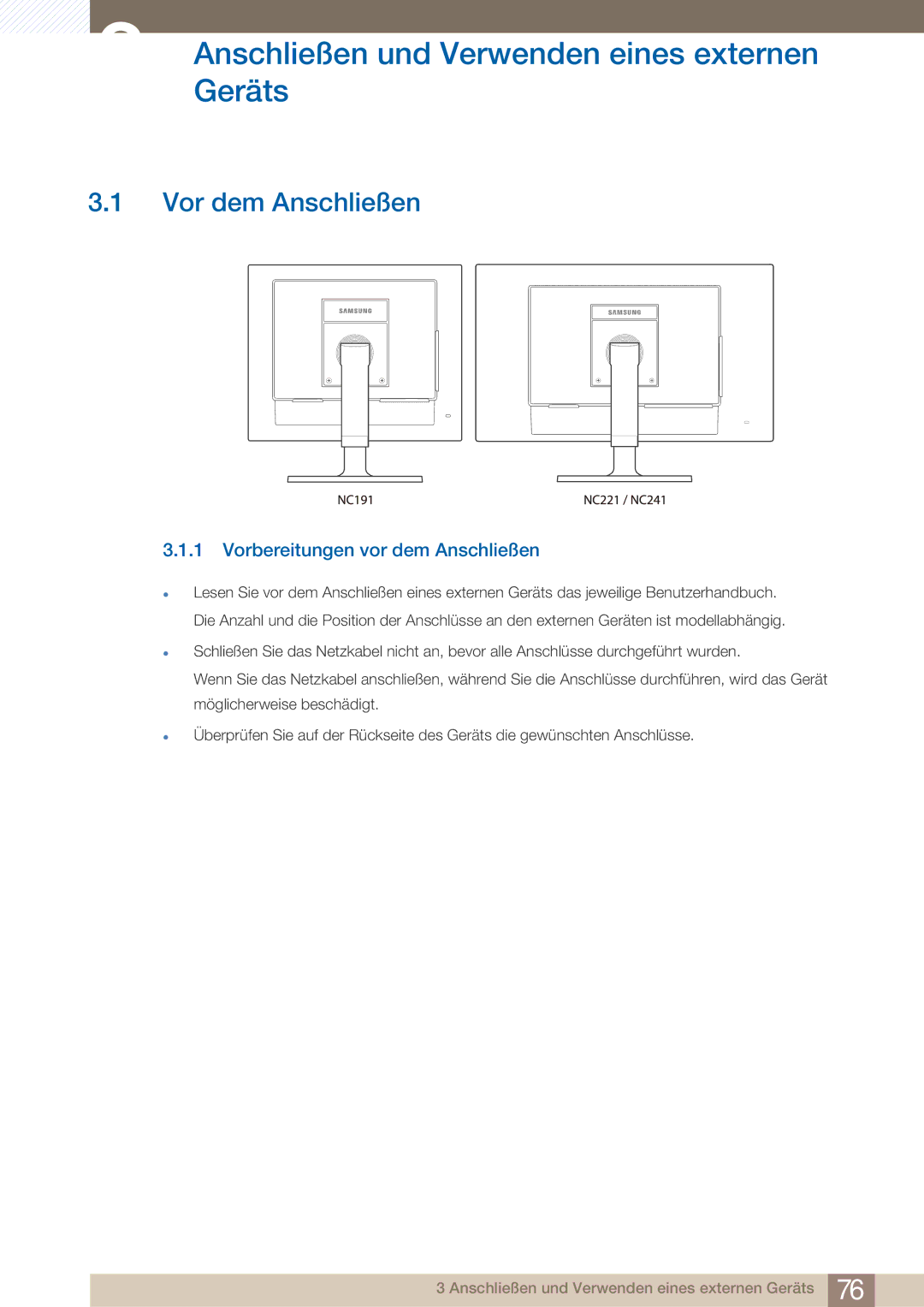 Samsung LF22NTBHBNM/EN, LF22NTBHBNU/EN, LF22FN1PFBZXEN AnschließenGeräts und Verwenden eines externen, Vor dem Anschließen 