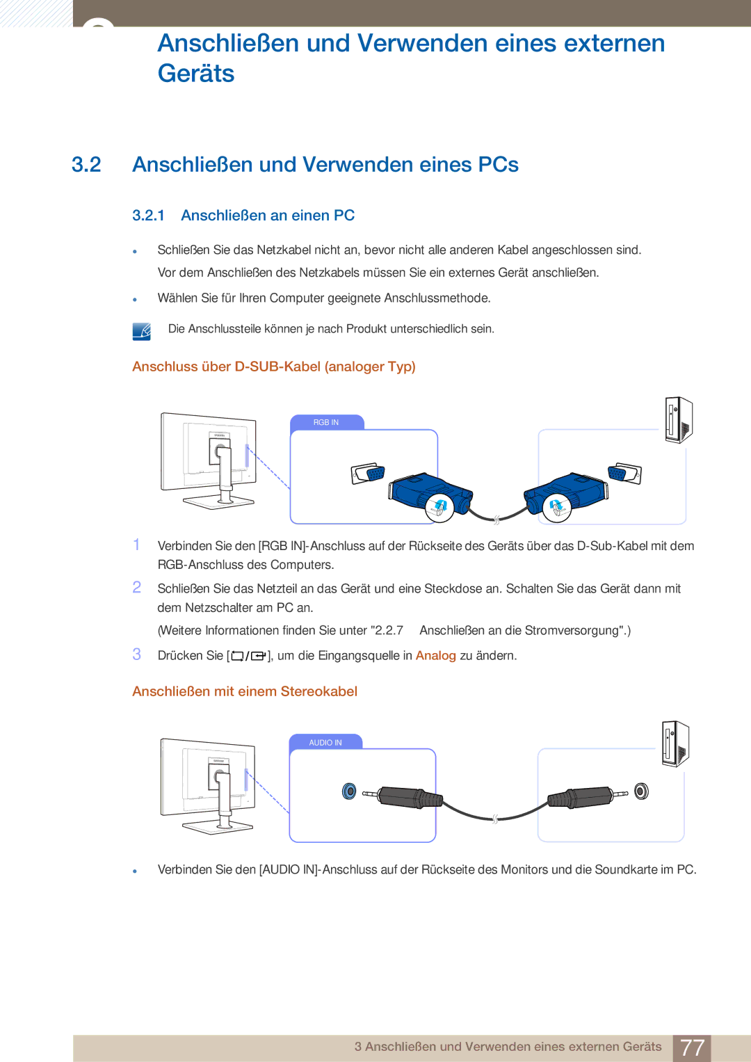 Samsung LF22FN1PFBZXEN Anschließen und Verwenden eines PCs, Anschließen an einen PC, Anschließen mit einem Stereokabel 