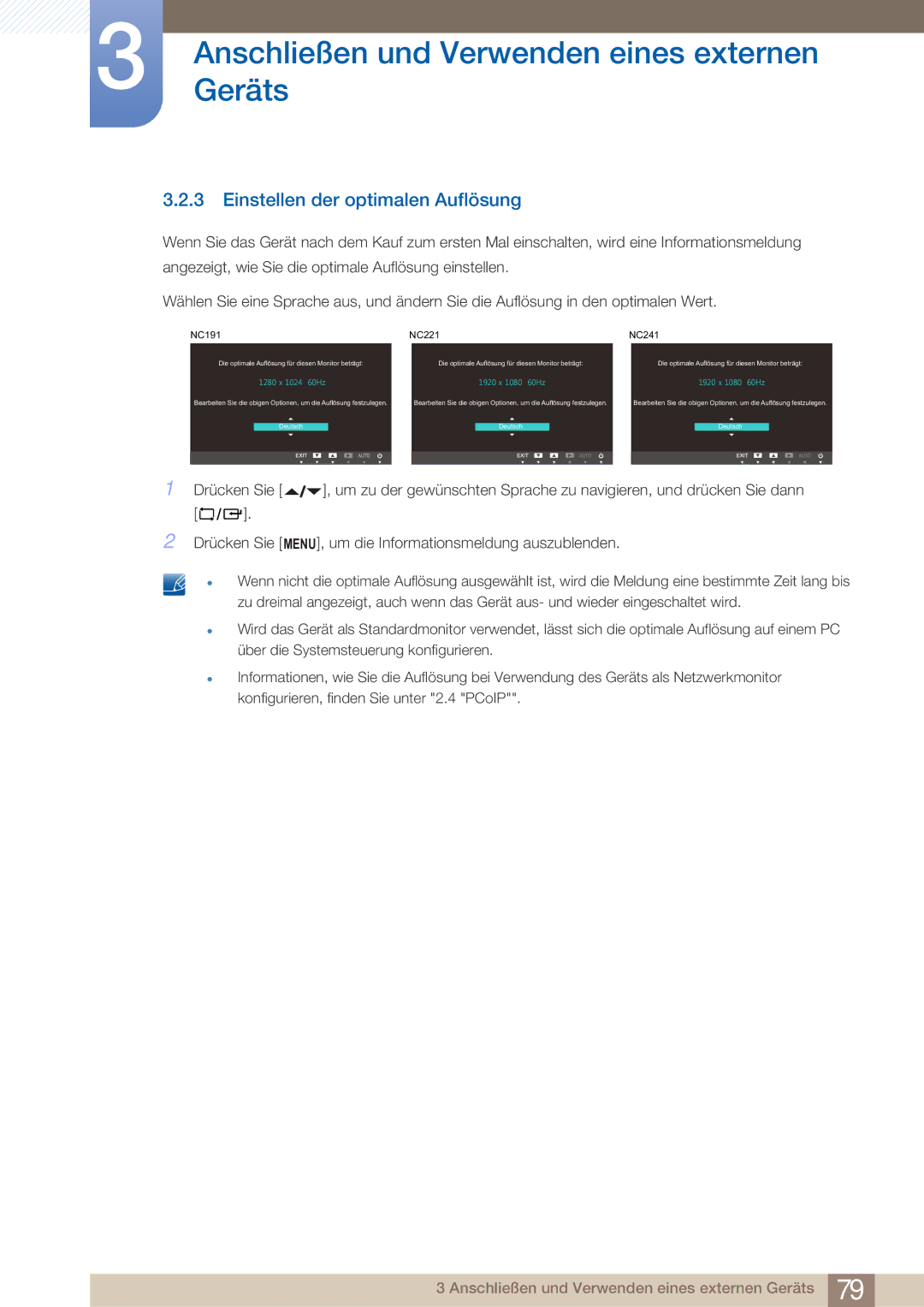 Samsung LF22NTBHBNM/EN, LF22NTBHBNU/EN, LF22FN1PFBZXEN manual Einstellen der optimalen Auflösung, NC191 NC221 NC241 