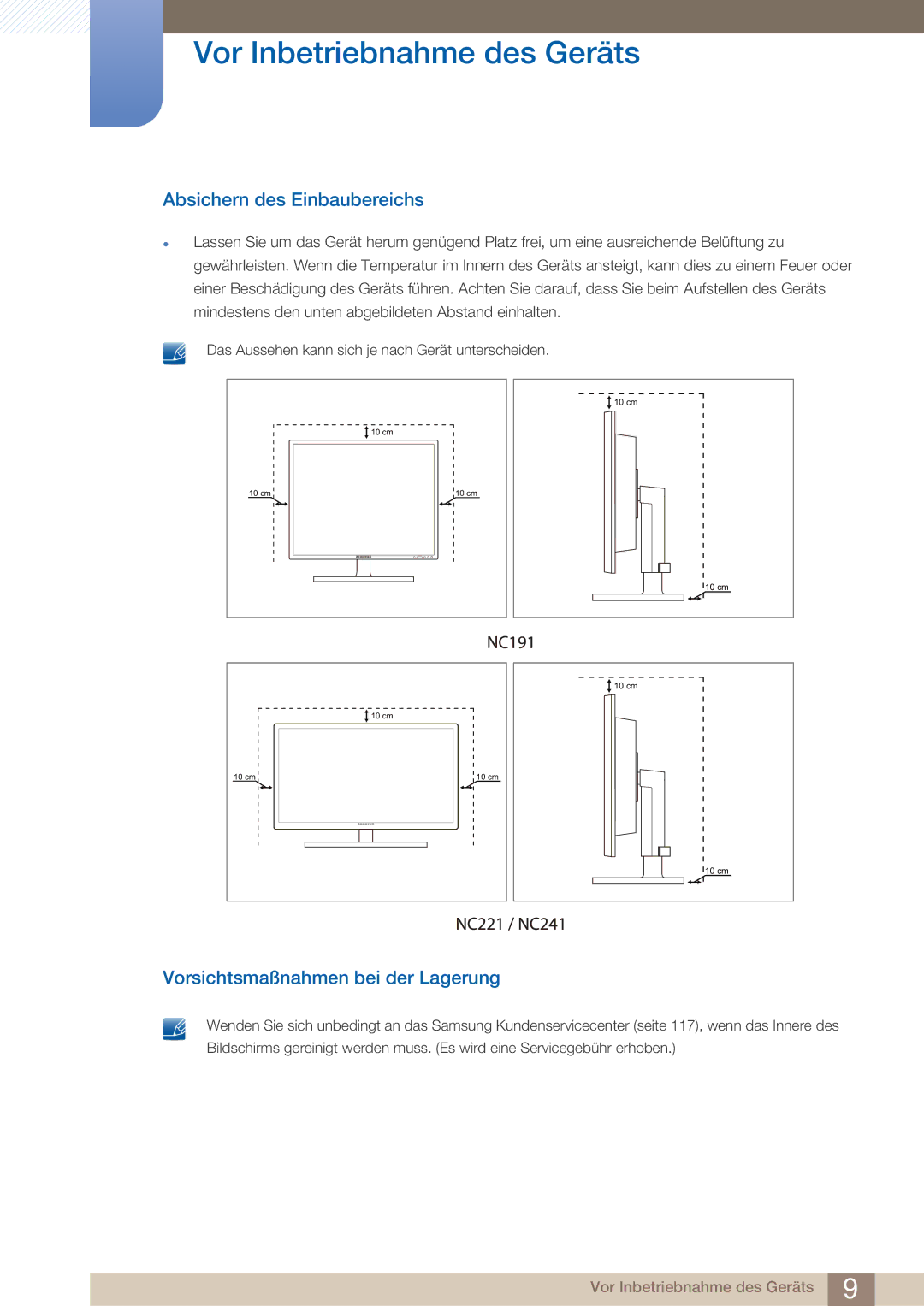 Samsung LF22NTBHBNU/EN, LF22NTBHBNM/EN, LF22FN1PFBZXEN Absichern des Einbaubereichs, Vorsichtsmaßnahmen bei der Lagerung 