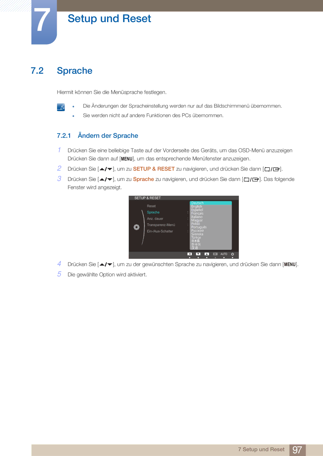 Samsung LF22NTBHBNM/EN, LF22NTBHBNU/EN, LF22FN1PFBZXEN manual 1 Ändern der Sprache 