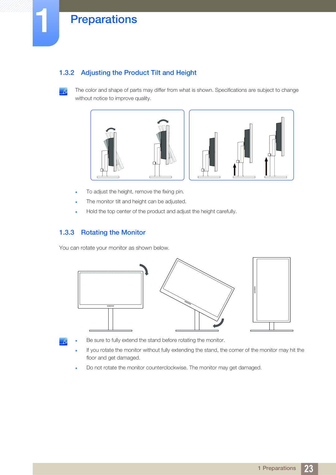 Samsung LF24FN1PFBZXCI, LF22NTBHBNU/EN, LF24NEBHBNW/EN manual Adjusting the Product Tilt and Height, Rotating the Monitor 