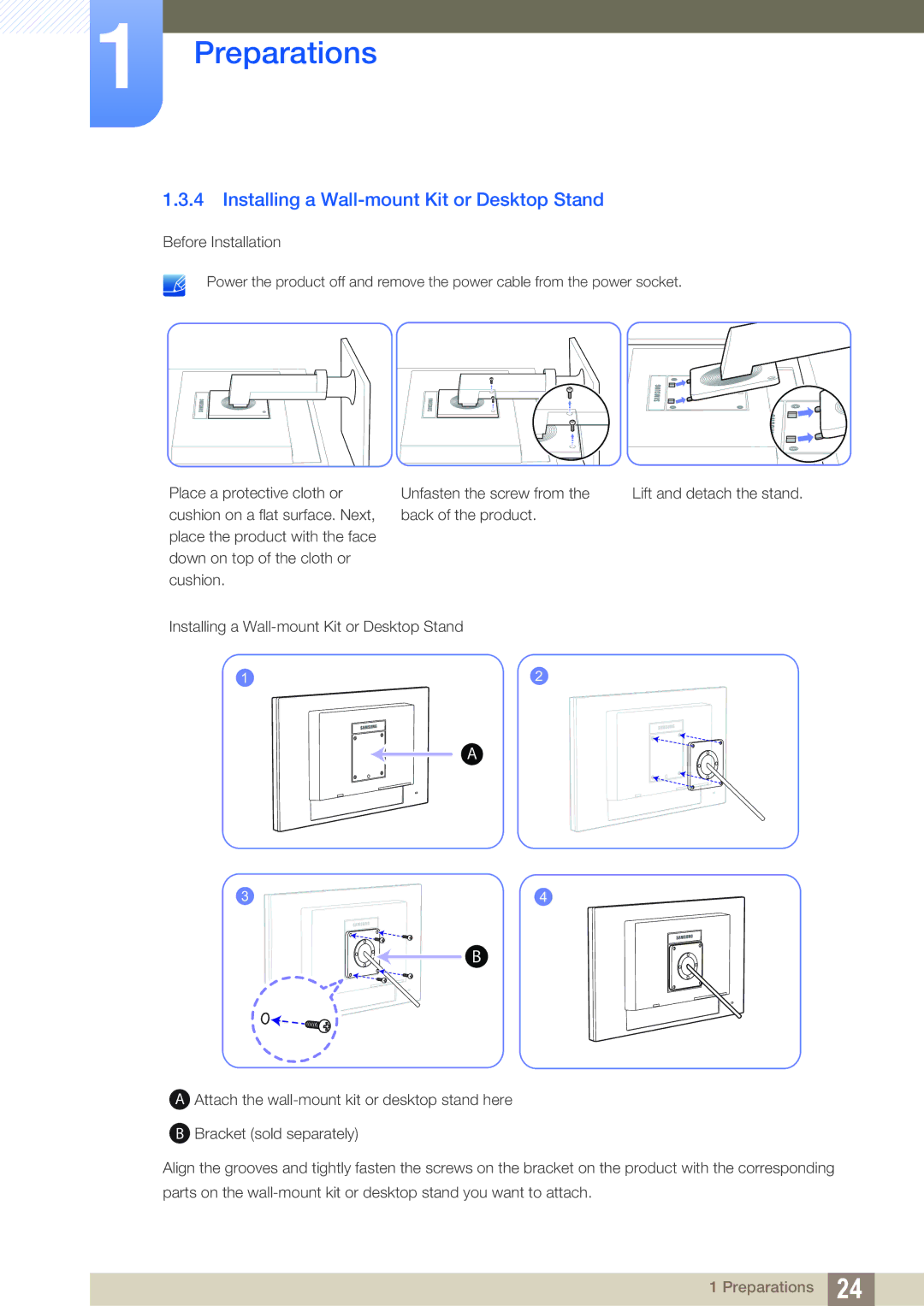 Samsung LF22NTBHBNU/EN, LF24NEBHBNW/EN, LF24NEBHBNU/EN, LF22NTBHBNM/EN manual Installing a Wall-mount Kit or Desktop Stand 