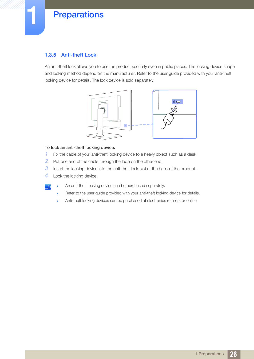 Samsung LF24NEBHBNU/EN, LF22NTBHBNU/EN, LF24NEBHBNW/EN, LF22NTBHBNM/EN, LF24NEBHBNM/EN, LF24FN1PFBZXEN manual Anti-theft Lock 