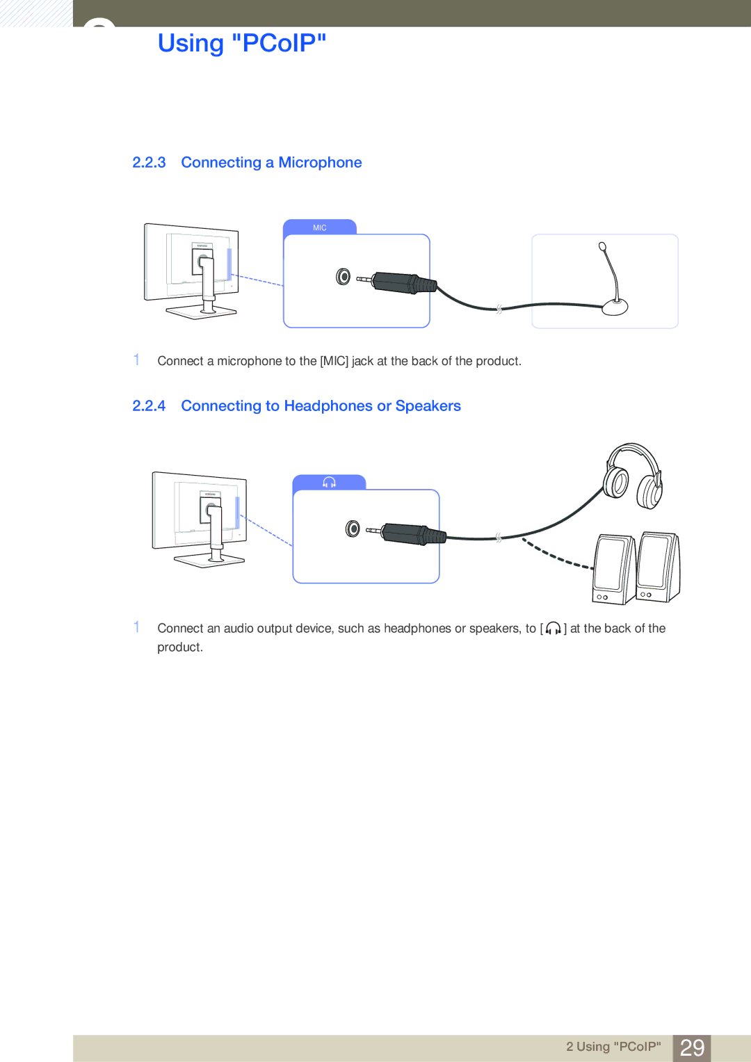 Samsung LF24FN1PFBZXEN, LF22NTBHBNU/EN, LF24NEBHBNW/EN manual Connecting a Microphone, Connecting to Headphones or Speakers 