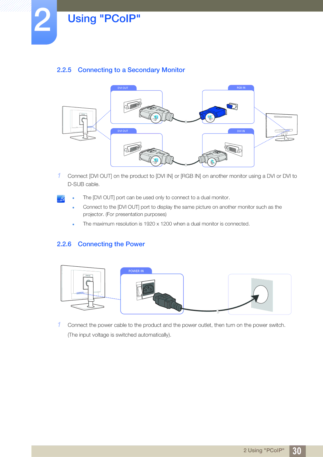 Samsung LF22FN1PFBZXEN, LF22NTBHBNU/EN, LF24NEBHBNW/EN manual Connecting to a Secondary Monitor, Connecting the Power 