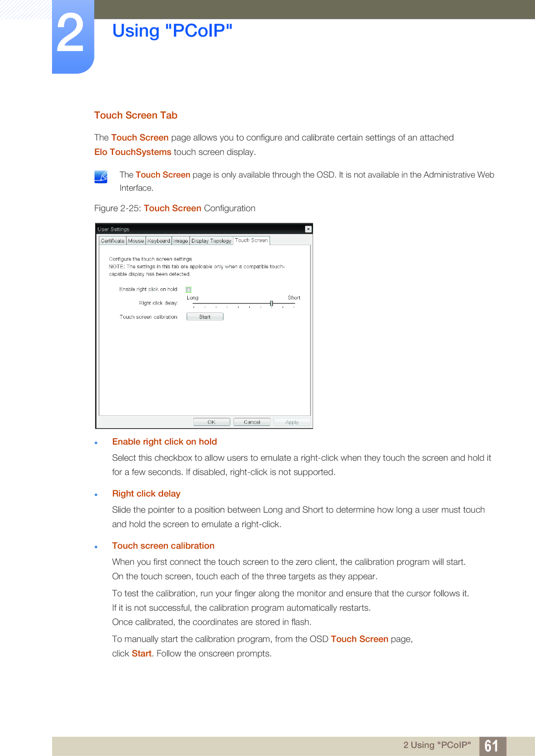 Samsung LF24NEBHBNW/EN Touch Screen Tab,  Enable right click on hold,  Right click delay,  Touch screen calibration 