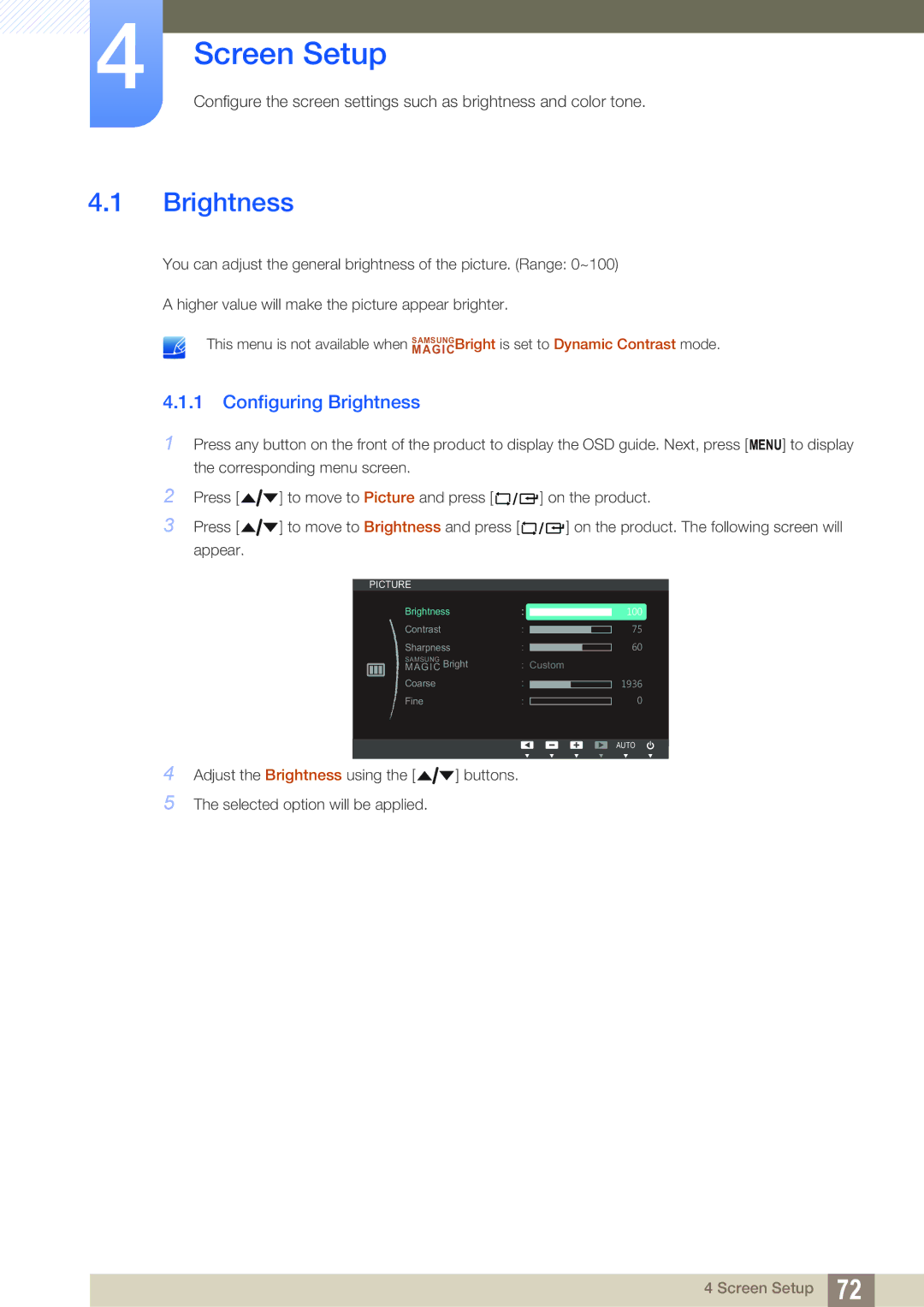 Samsung LF22NTBHBNU/EN, LF24NEBHBNW/EN, LF24NEBHBNU/EN, LF22NTBHBNM/EN manual Screen Setup, Configuring Brightness 