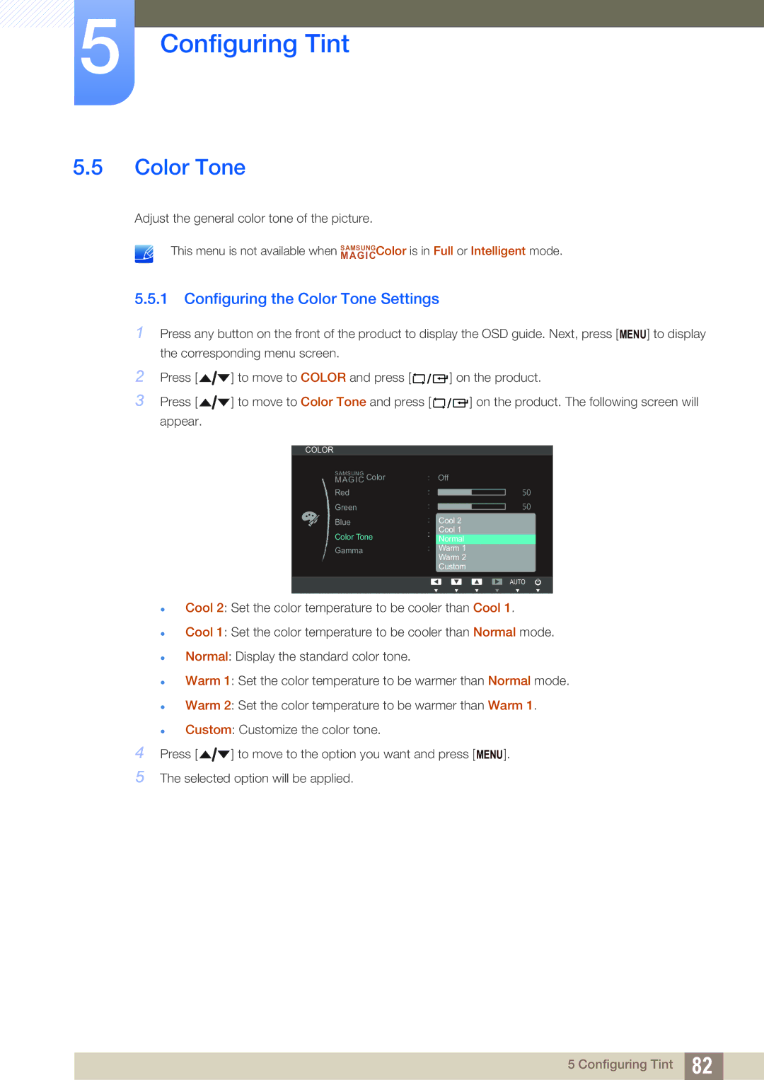 Samsung LF22NTBHBNM/XY, LF22NTBHBNU/EN, LF24NEBHBNW/EN, LF24NEBHBNU/EN manual Configuring the Color Tone Settings 