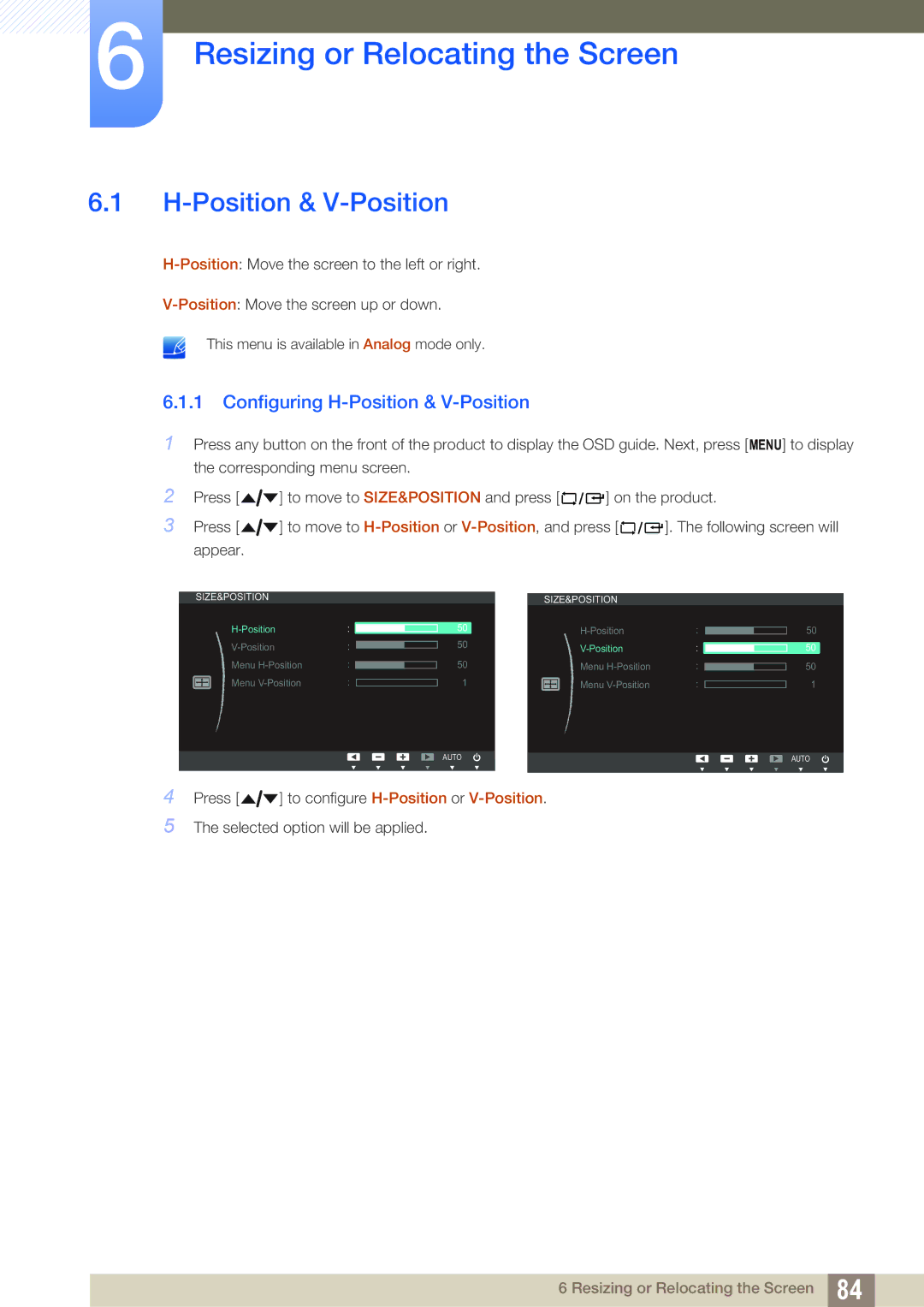 Samsung LF22NTBHBNU/EN, LF24NEBHBNW/EN manual Resizing or Relocating the Screen, Configuring H-Position & V-Position 