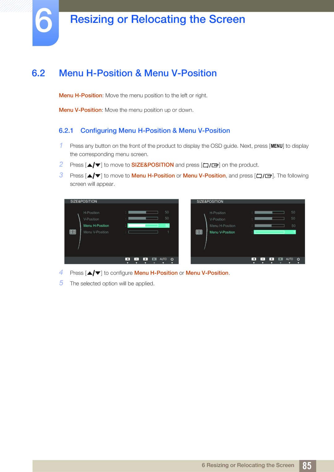 Samsung LF24NEBHBNW/EN, LF22NTBHBNU/EN, LF24NEBHBNU/EN, LF22NTBHBNM/EN Configuring Menu H-Position & Menu V-Position 