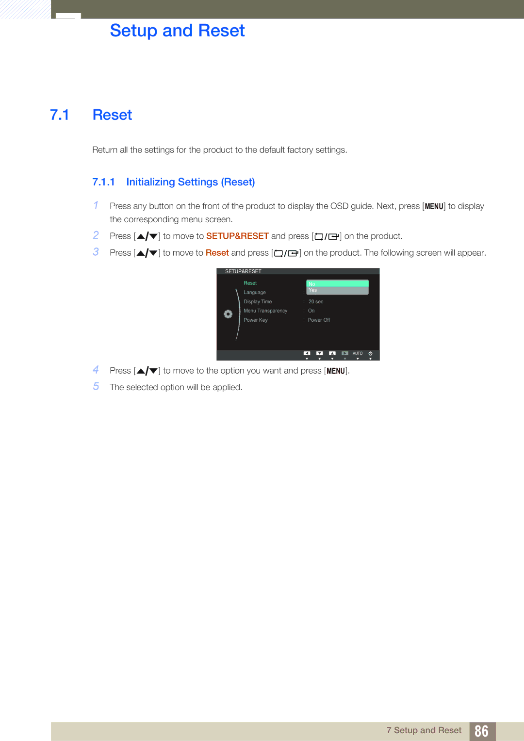 Samsung LF24NEBHBNU/EN, LF22NTBHBNU/EN, LF24NEBHBNW/EN, LF22NTBHBNM/EN manual Setup and Reset, Initializing Settings Reset 