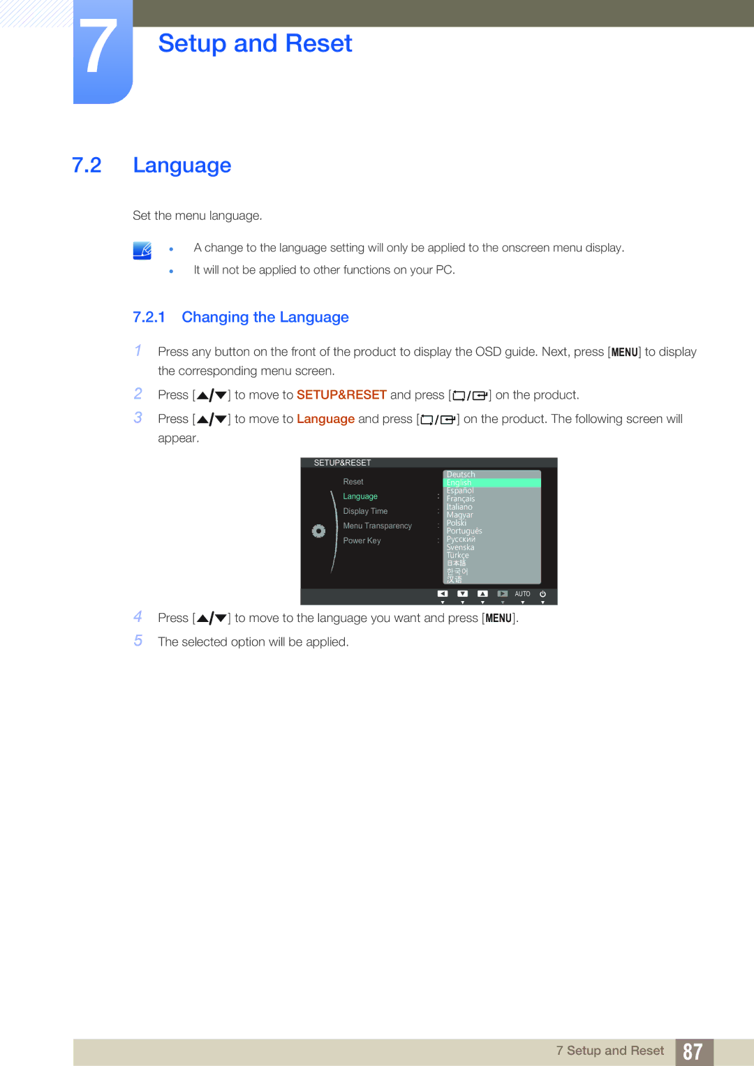 Samsung LF22NTBHBNM/EN, LF22NTBHBNU/EN, LF24NEBHBNW/EN, LF24NEBHBNU/EN, LF24NEBHBNM/EN manual Changing the Language 