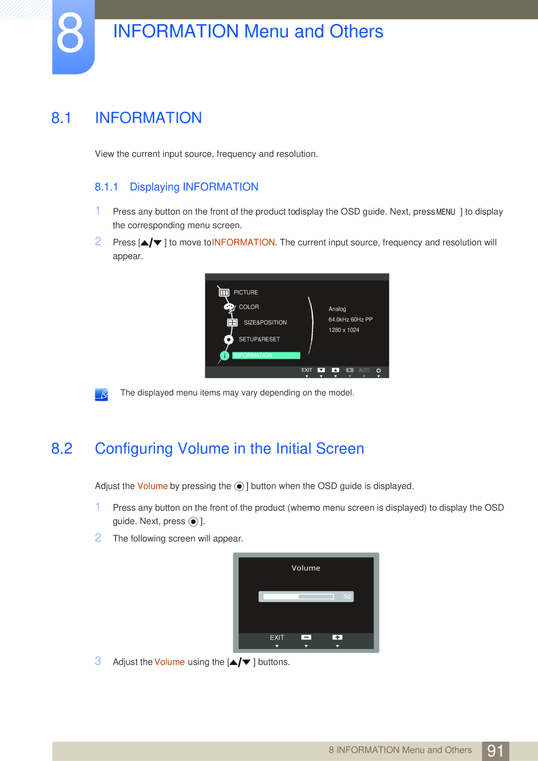 Samsung LF22FN1PFBZXXM manual Information Menu and Others, Configuring Volume in the Initial Screen, Displaying Information 