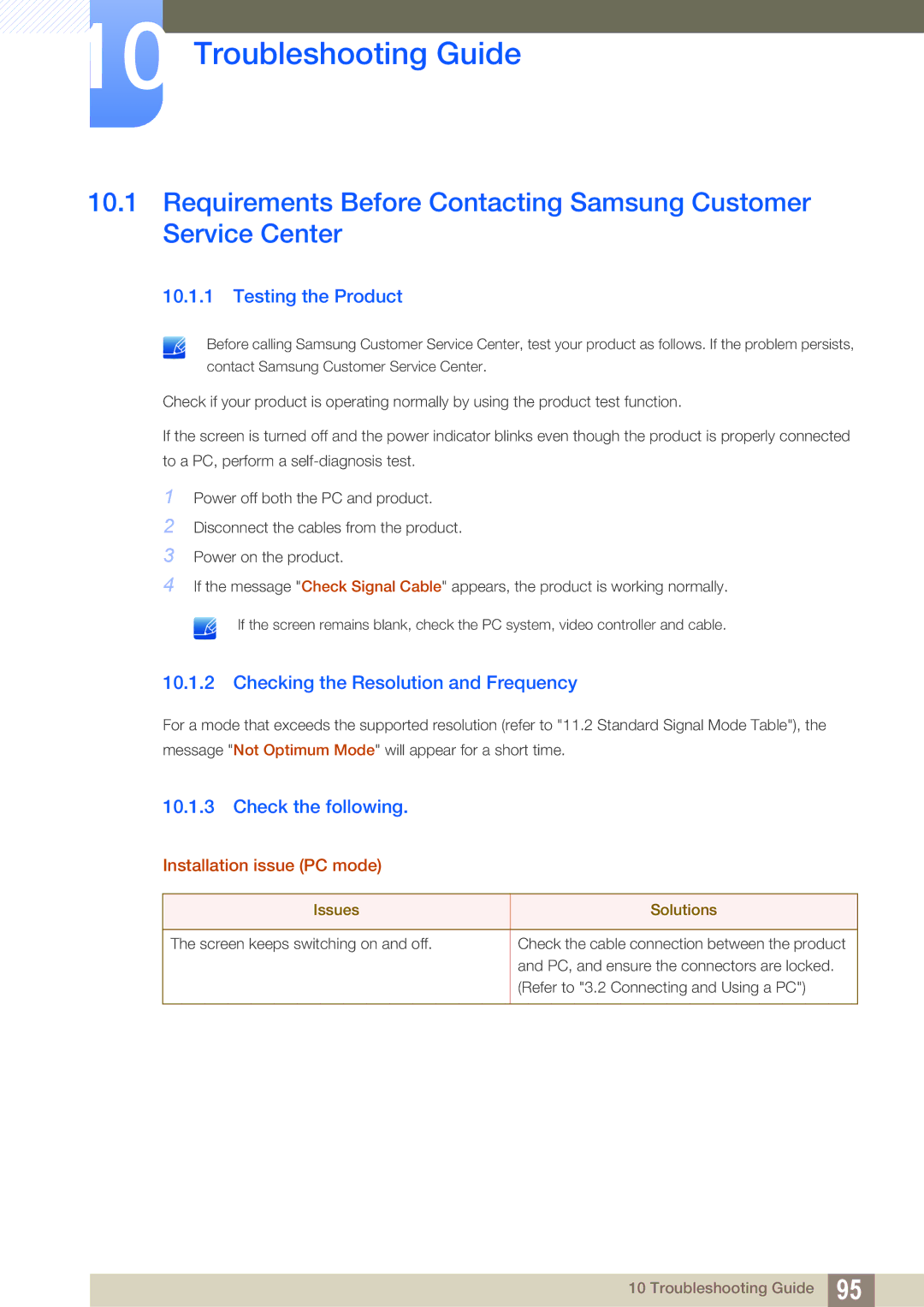 Samsung LF24FN1PFBZXCI, LF22NTBHBNU/EN Troubleshooting Guide, Testing the Product, Checking the Resolution and Frequency 