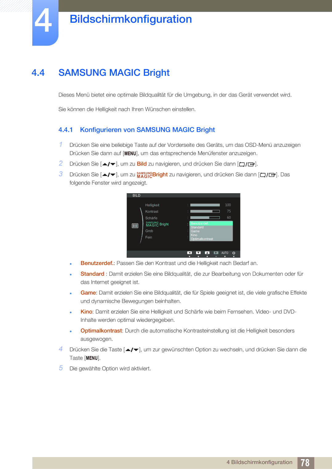 Samsung LF24NEBHBNW/EN, LF22NTBHBNU/EN, LF24NEBHBNU/EN, LF22NTBHBNM/EN manual Konfigurieren von Samsung Magic Bright 