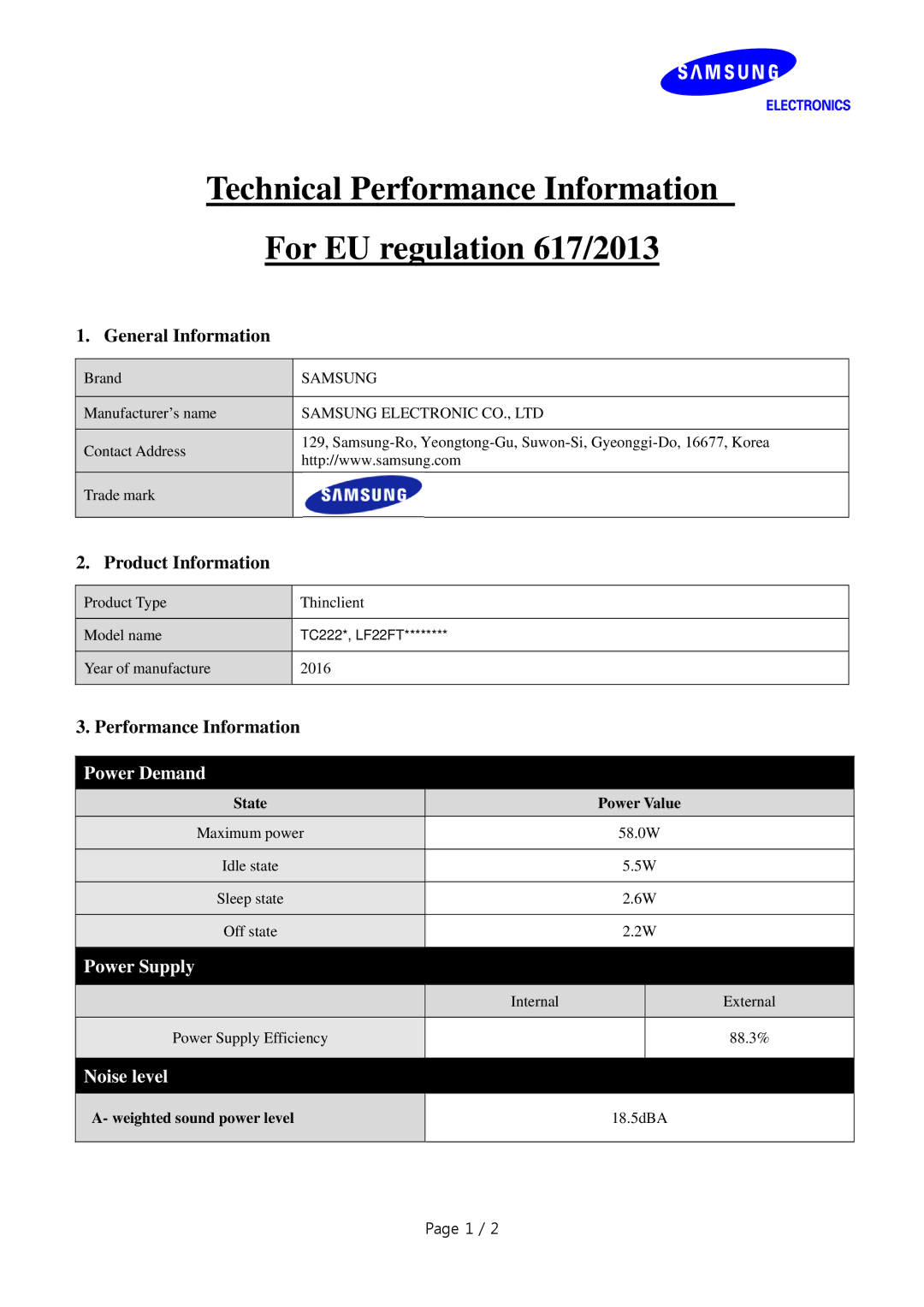 Samsung LF22FT2WFPZXEN, LF22TC2WAN/EN manual Power Demand, Power Supply, Noise level 