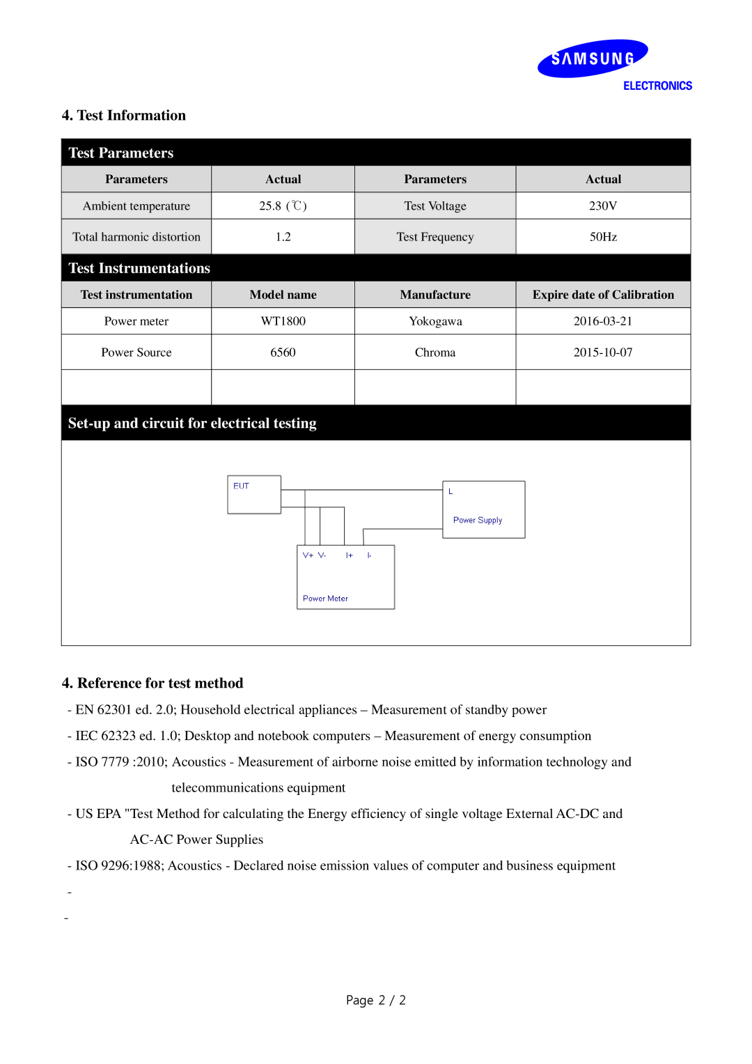 Samsung LF22TC2WAN/EN Test Information, Test Parameters, Test Instrumentations, Set-up and circuit for electrical testing 