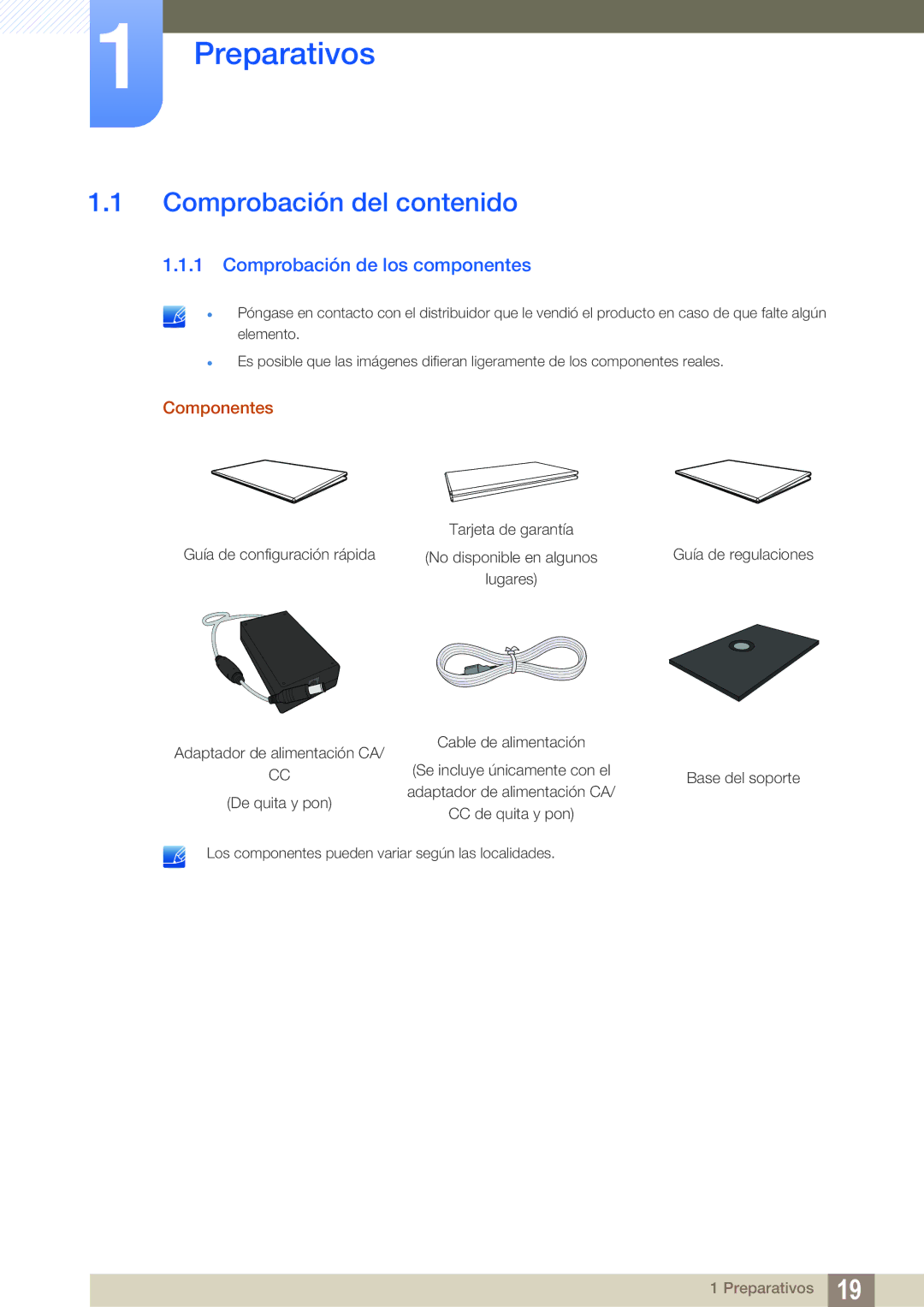 Samsung LF22FT2WFPZXEN manual Preparativos, Comprobación del contenido, Comprobación de los componentes, Componentes 