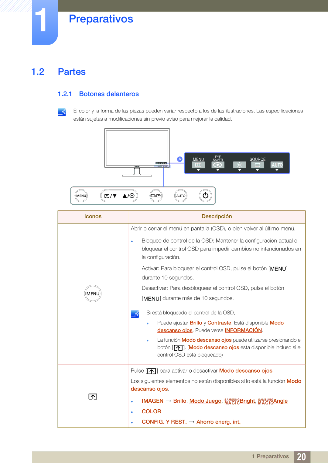 Samsung LF22TC2WAN/EN, LF22FT2WFPZXEN manual Partes, Botones delanteros 