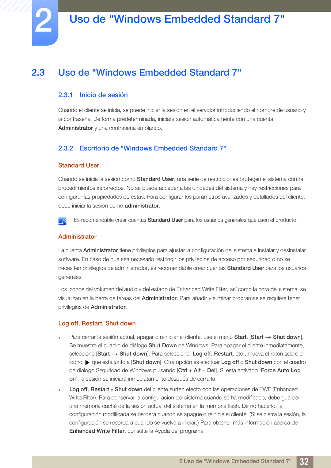 Samsung LF22TC2WAN/EN manual Uso de Windows Embedded Standard, Inicio de sesión, Escritorio de Windows Embedded Standard 