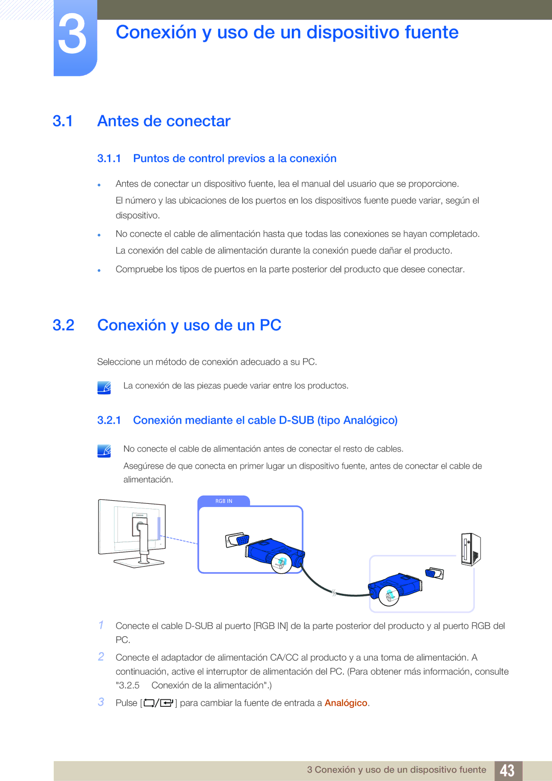 Samsung LF22FT2WFPZXEN, LF22TC2WAN/EN Conexión y uso de un dispositivo fuente, Antes de conectar, Conexión y uso de un PC 