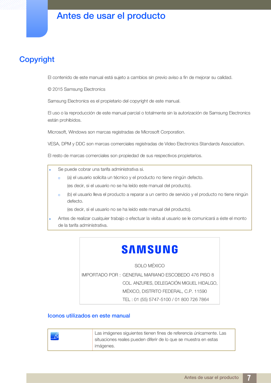 Samsung LF22FT2WFPZXEN, LF22TC2WAN/EN Antes de usar el producto, Copyright, Iconos utilizados en este manual 