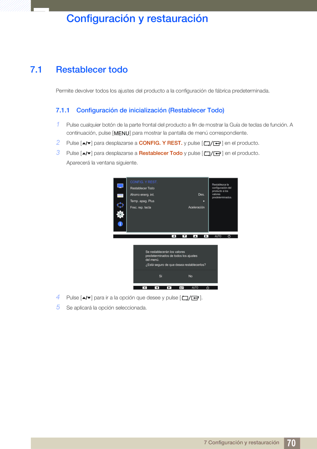 Samsung LF22TC2WAN/EN Configuración y restauración, Restablecer todo, Configuración de inicialización Restablecer Todo 