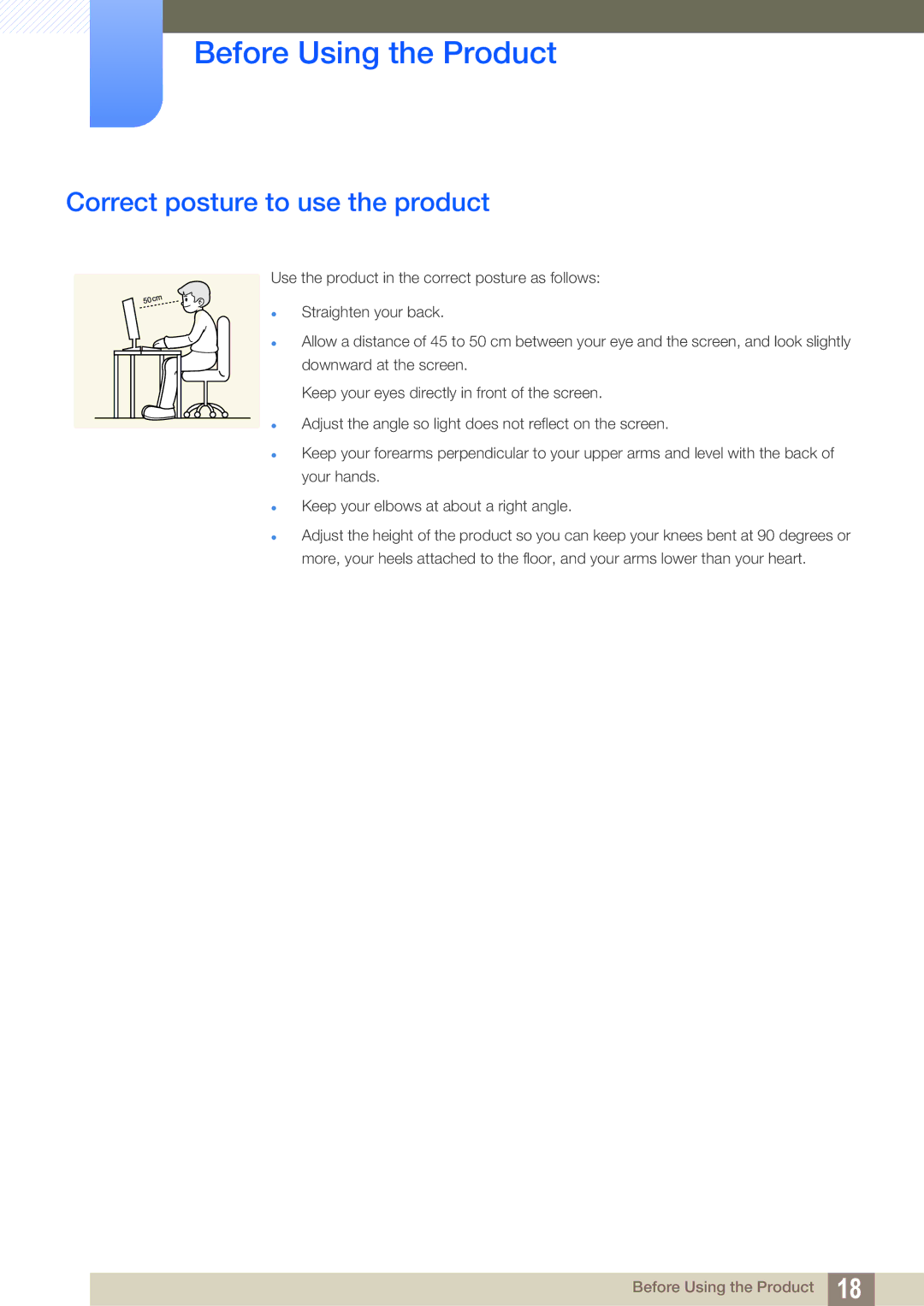 Samsung LF22FT2WFPZXXY, LF22TC2WAN/EN, LF24TC2WAN/EN, LF24FT2WFPZXEN, LF22FT2WFPZXEN manual Correct posture to use the product 