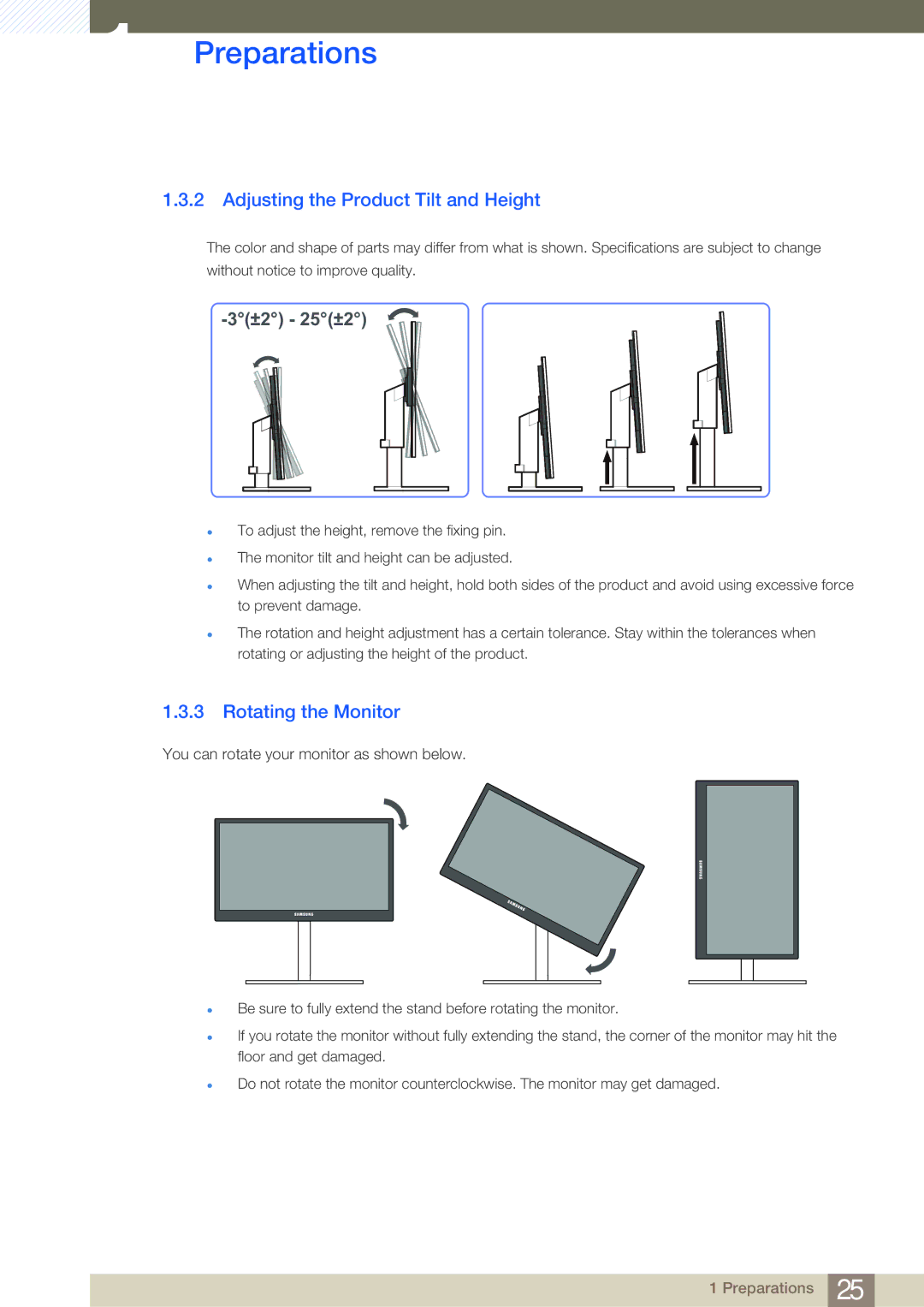 Samsung LF22FT2WFPZXXY, LF22TC2WAN/EN, LF24TC2WAN/EN manual Adjusting the Product Tilt and Height, Rotating the Monitor 