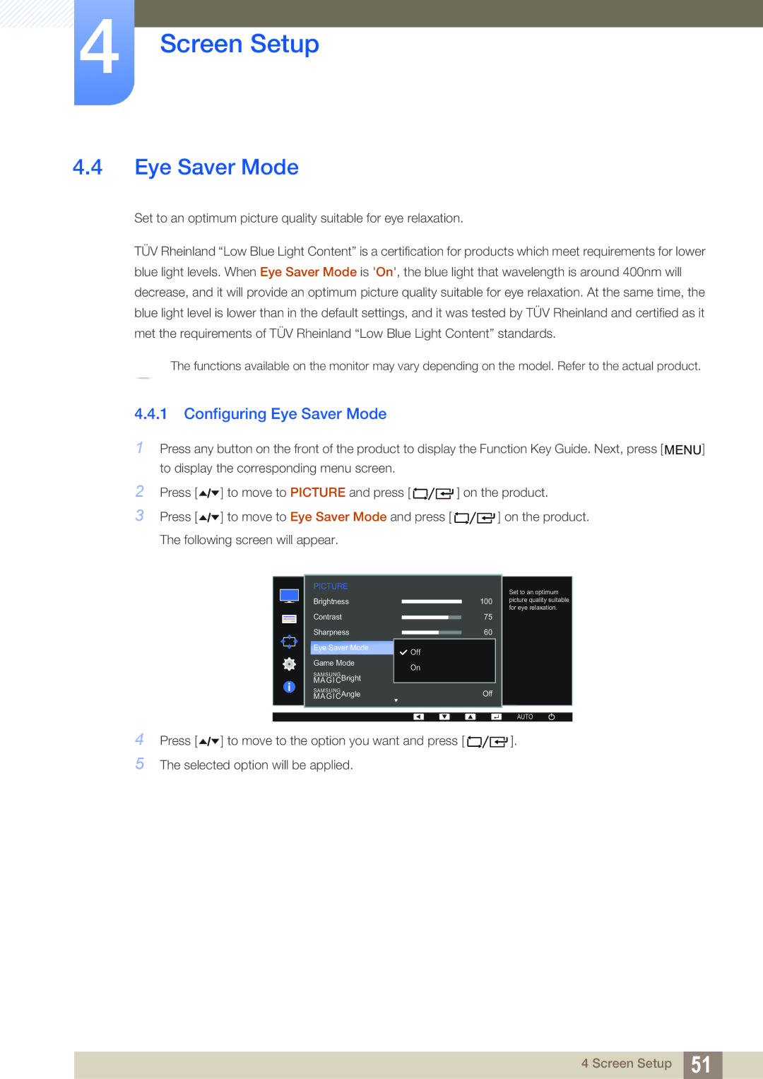 Samsung LF24FT2WFPZXEN, LF22TC2WAN/EN, LF24TC2WAN/EN, LF22FT2WFPZXEN, LF22FT2WFPZXXY manual Configuring Eye Saver Mode 