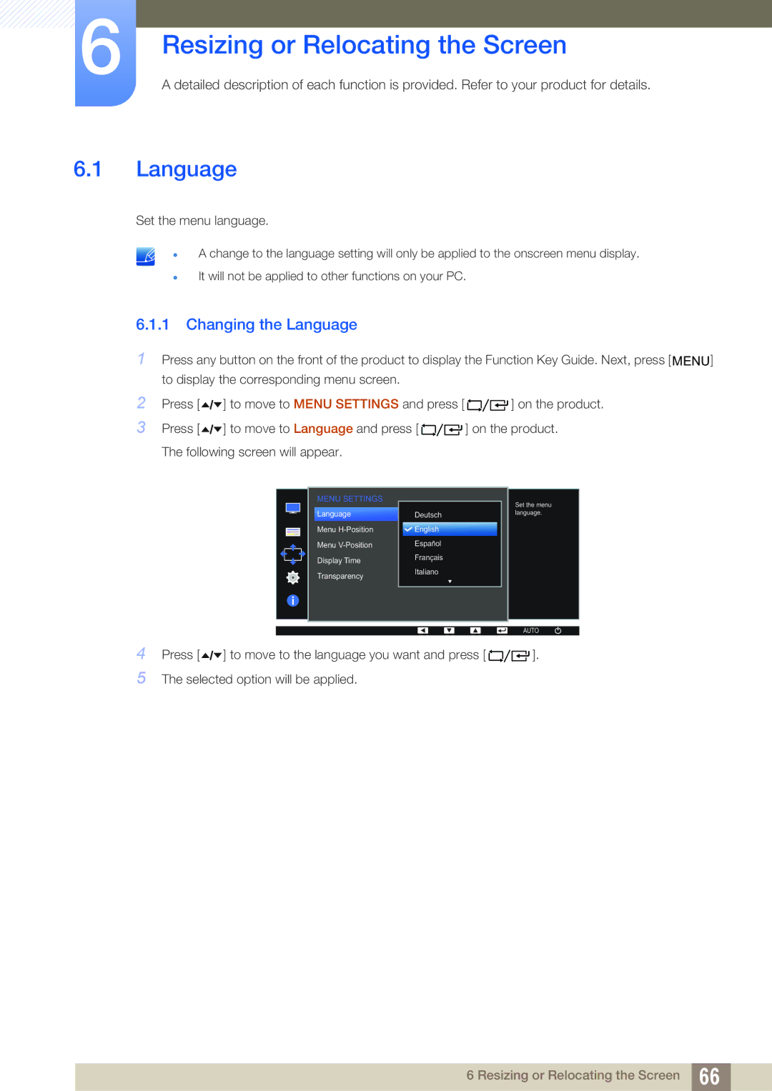 Samsung LF22FT2WFPZXEN, LF22TC2WAN/EN, LF24TC2WAN/EN manual Resizing or Relocating the Screen, Changing the Language 