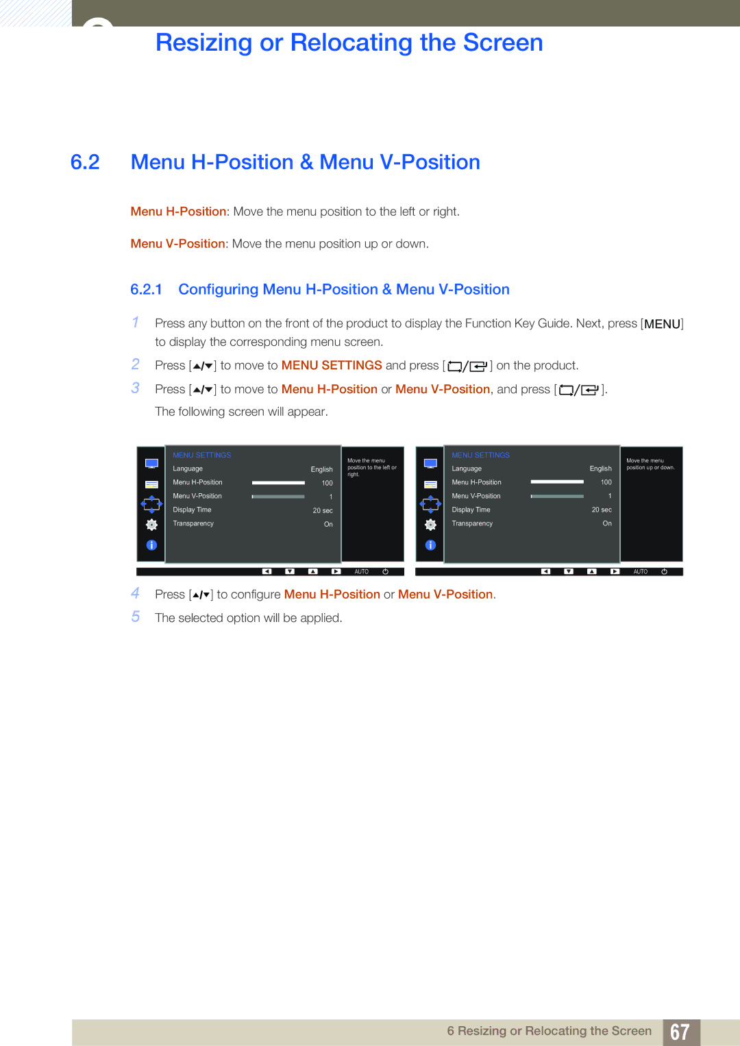 Samsung LF22FT2WFPZXXY, LF22TC2WAN/EN, LF24TC2WAN/EN, LF24FT2WFPZXEN manual Configuring Menu H-Position & Menu V-Position 