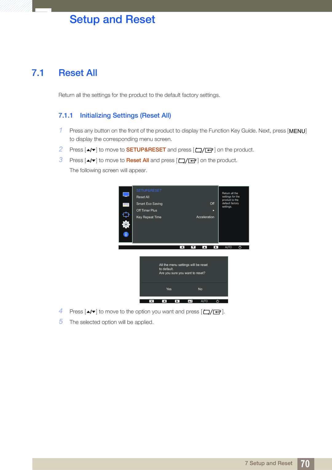 Samsung LF22TC2WAN/EN, LF24TC2WAN/EN, LF24FT2WFPZXEN, LF22FT2WFPZXEN Setup and Reset, Initializing Settings Reset All 