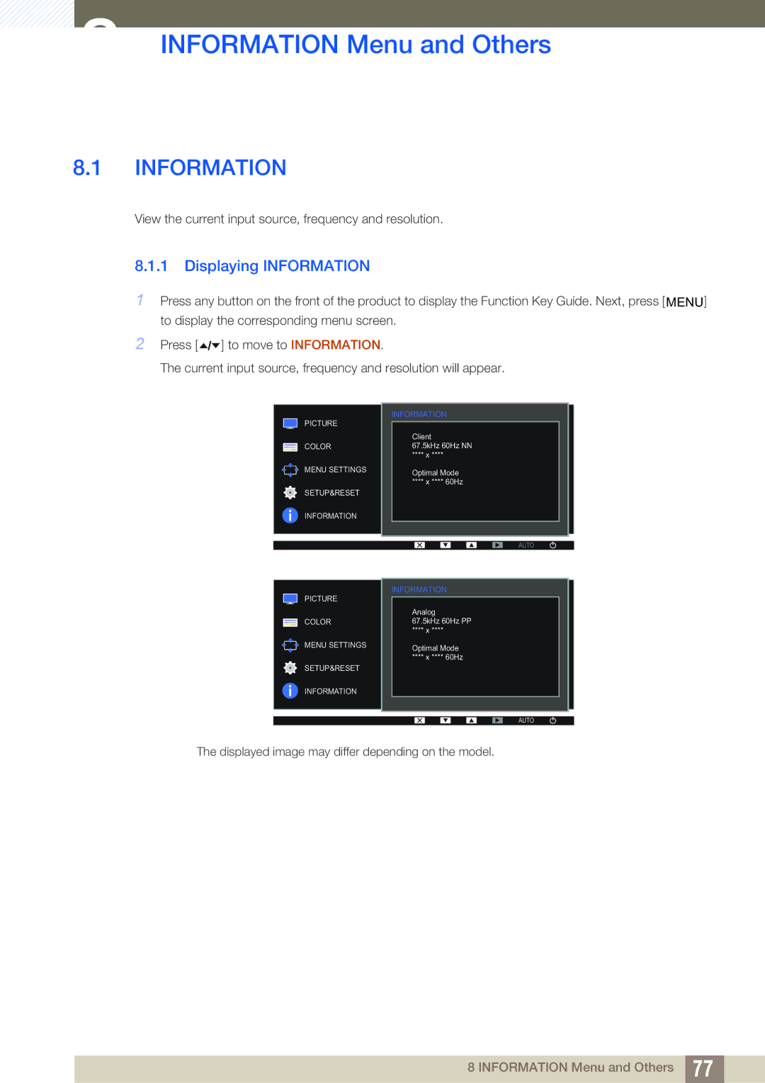 Samsung LF22TC2WAN/EN, LF24TC2WAN/EN, LF24FT2WFPZXEN, LF22FT2WFPZXEN Information Menu and Others, Displaying Information 