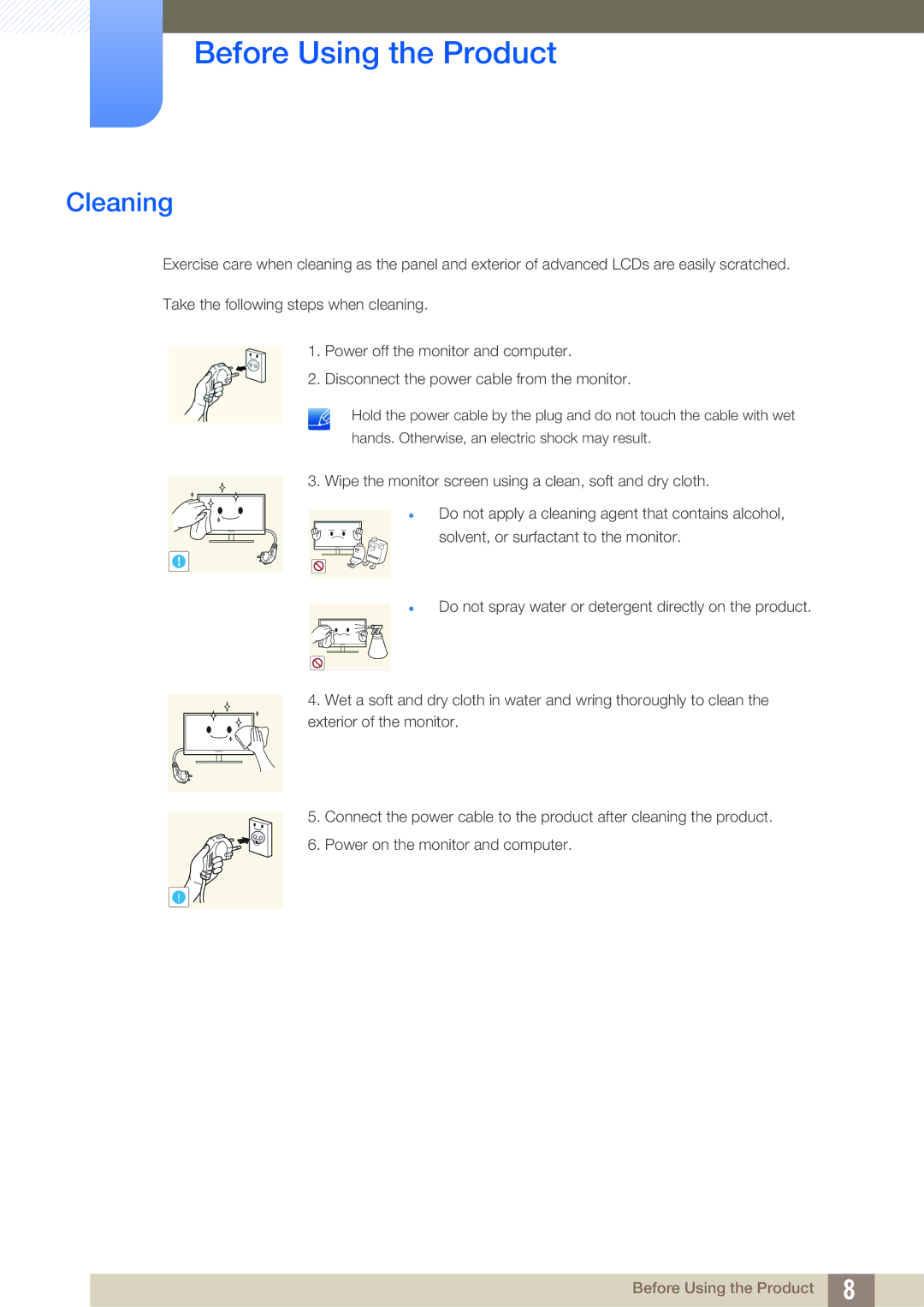 Samsung LF24TC2WAN/EN, LF22TC2WAN/EN, LF24FT2WFPZXEN, LF22FT2WFPZXEN, LF22FT2WFPZXXY, LF24FT2WFPZXXY, LF24FT2WFPZXCI Cleaning 