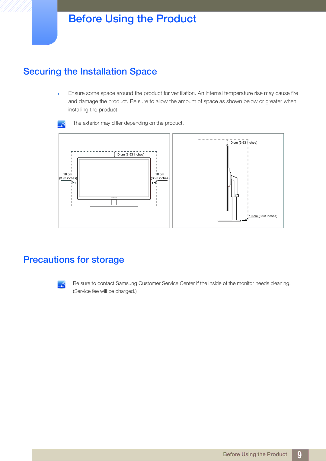 Samsung LF24FT2WFPZXEN, LF22TC2WAN/EN, LF24TC2WAN/EN manual Securing the Installation Space, Precautions for storage 