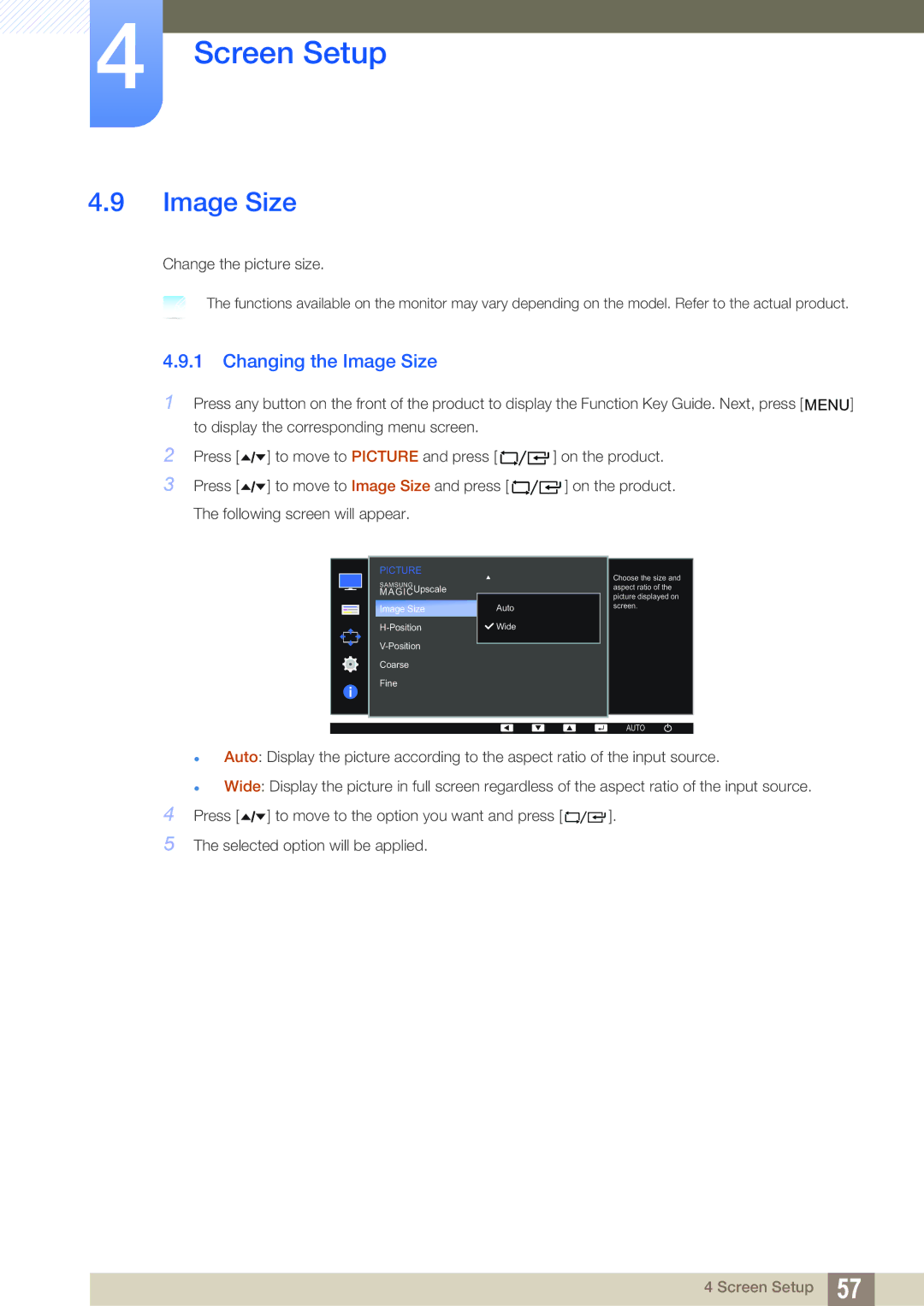 Samsung LF24TC2WAN/EN, LF22TC2WAN/EN, LF24FT2WFPZXEN, LF22FT2WFPZXEN manual Changing the Image Size 