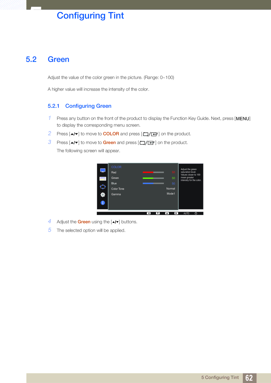 Samsung LF24FT2WFPZXEN, LF22TC2WAN/EN, LF24TC2WAN/EN, LF22FT2WFPZXEN manual Configuring Green 