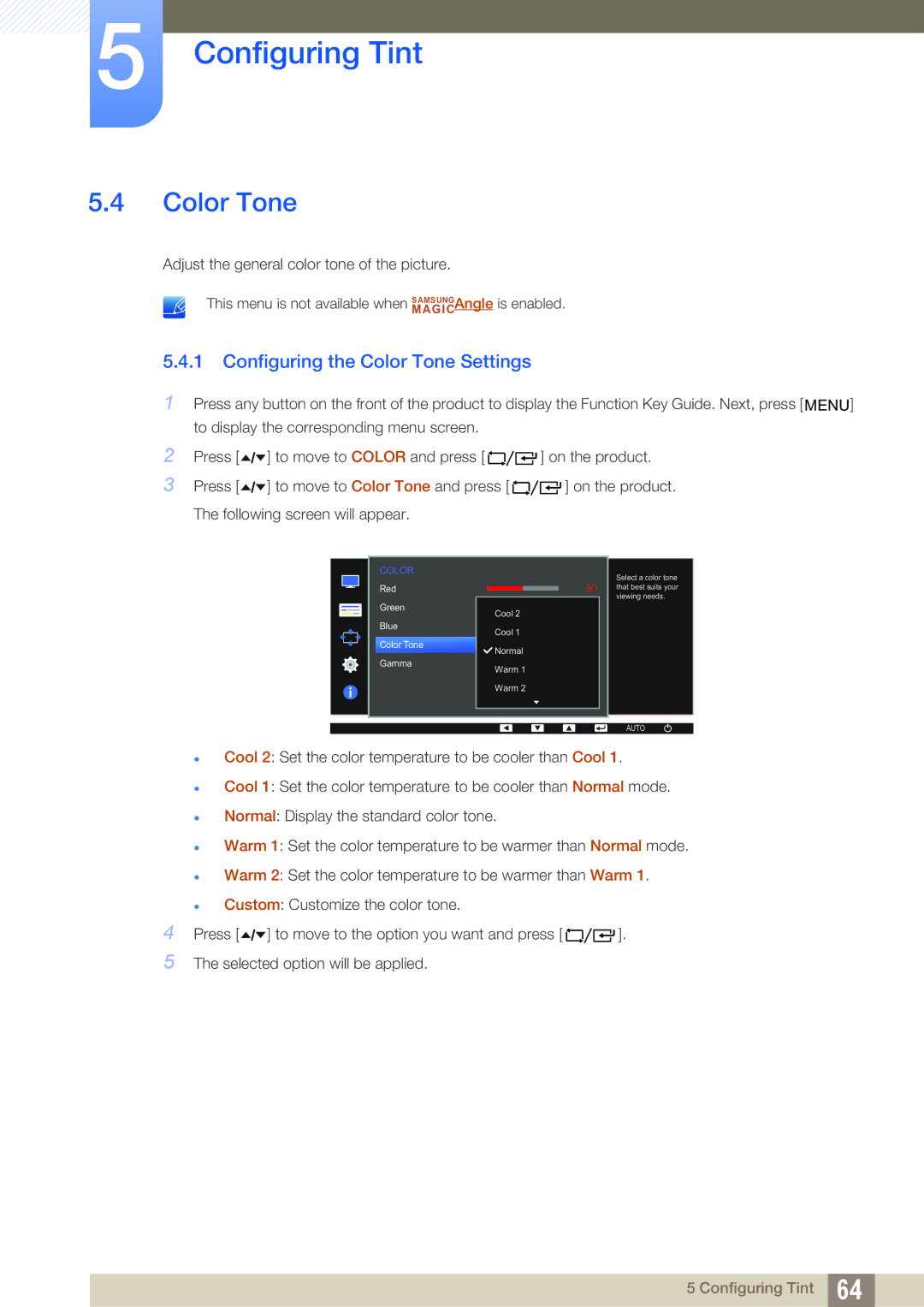 Samsung LF22TC2WAN/EN, LF24TC2WAN/EN, LF24FT2WFPZXEN, LF22FT2WFPZXEN manual Configuring the Color Tone Settings 