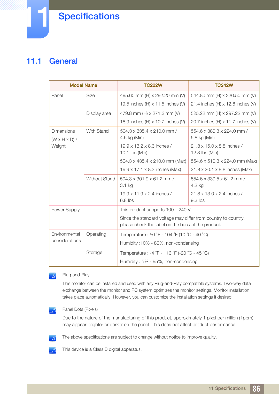 Samsung LF24FT2WFPZXEN, LF22TC2WAN/EN, LF24TC2WAN/EN, LF22FT2WFPZXEN manual Specifications, General 