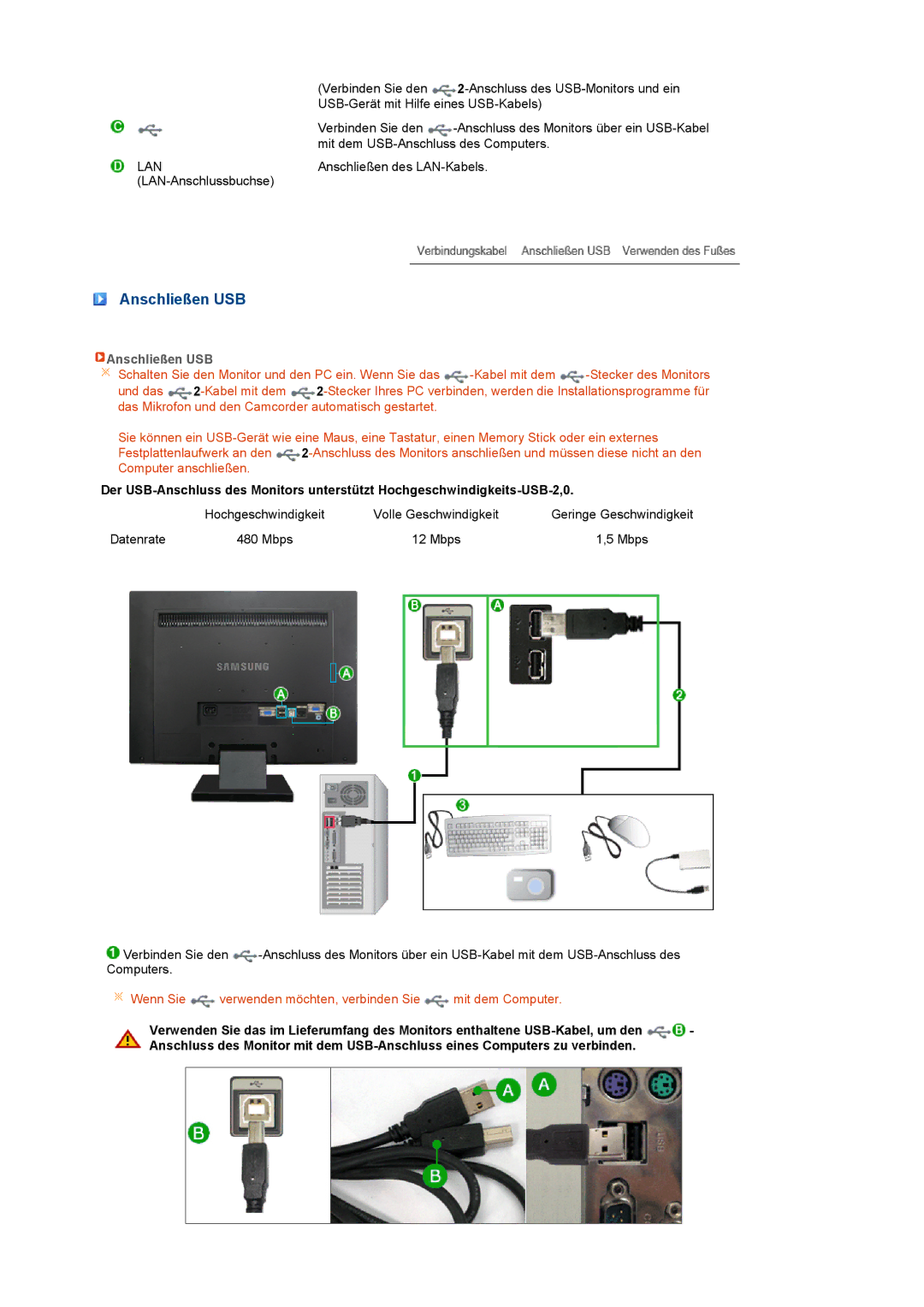 Samsung LF22TNTSFG/EDC manual Anschließen USB, Wenn Sie verwenden möchten, verbinden Sie mit dem Computer 