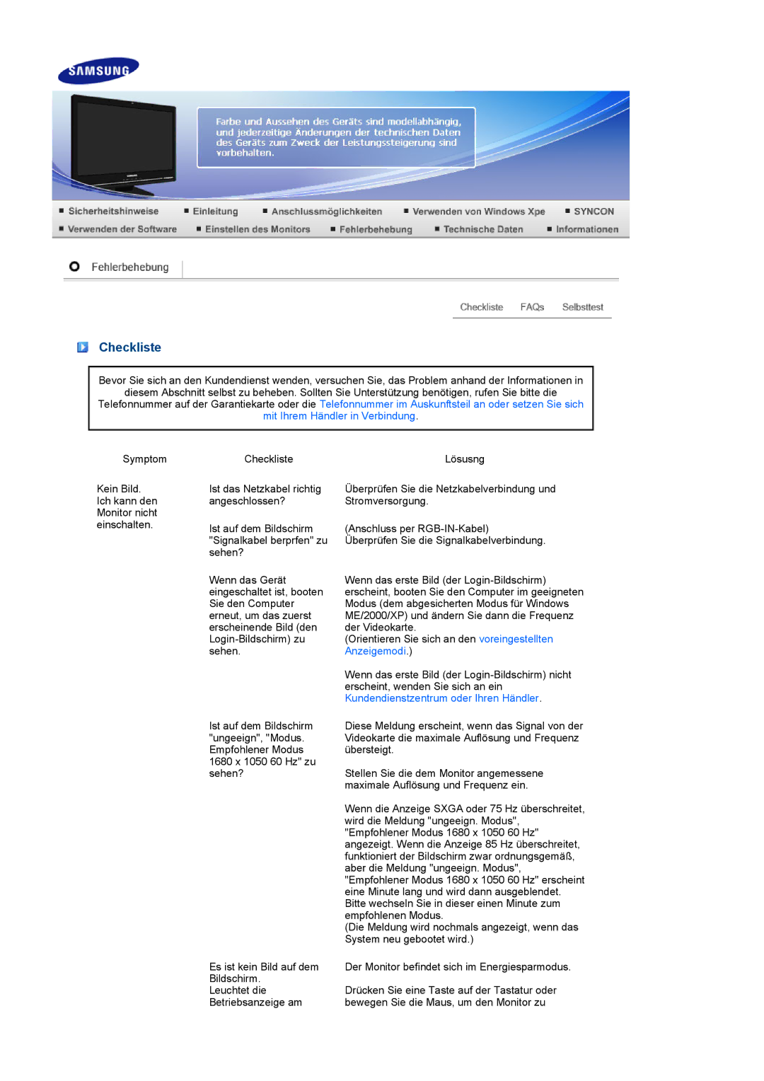 Samsung LF22TNTSFG/EDC manual Checkliste, Anzeigemodi, Kundendienstzentrum oder Ihren Händler 