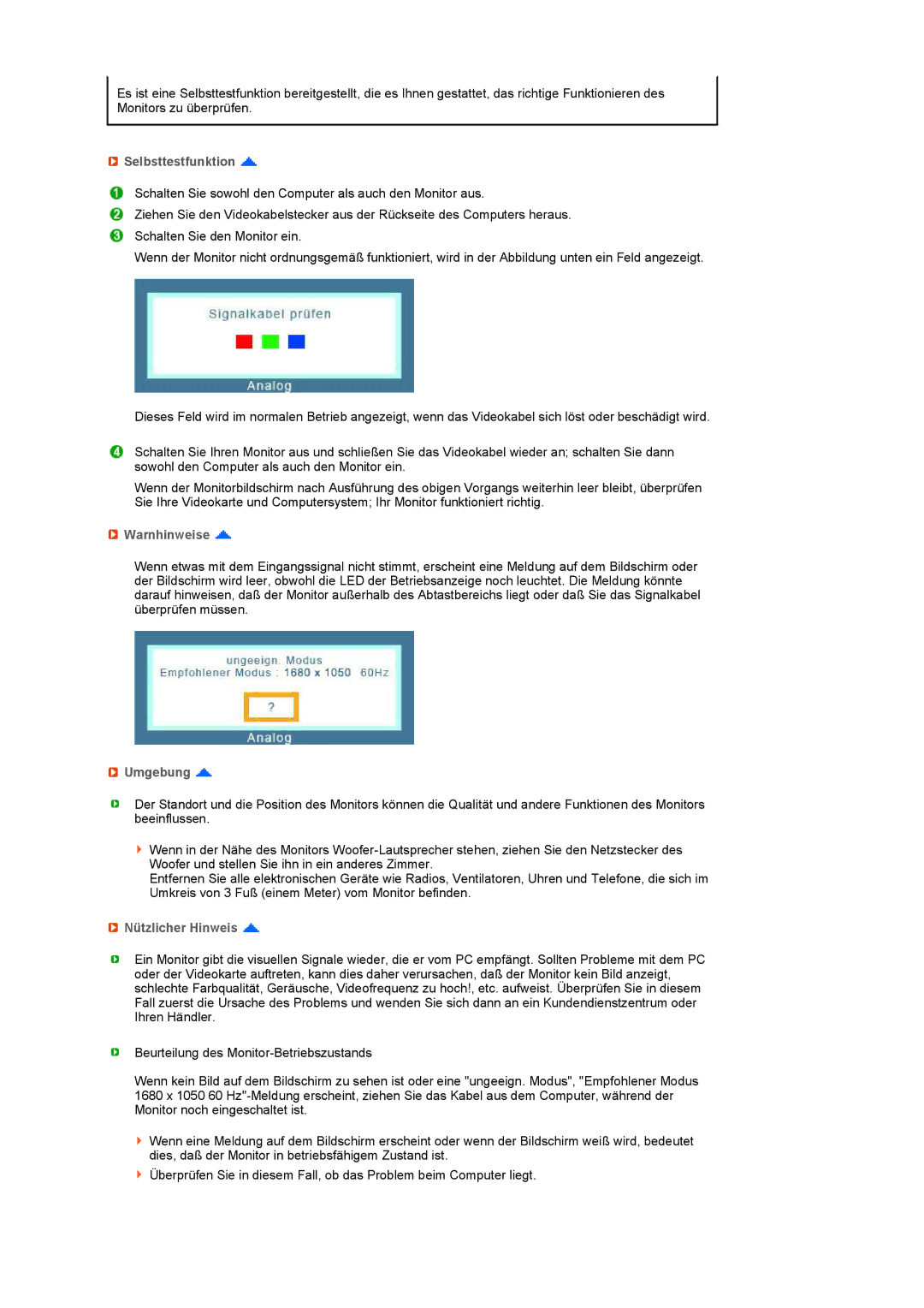 Samsung LF22TNTSFG/EDC manual Selbsttestfunktion, Warnhinweise, Umgebung, Nützlicher Hinweis 