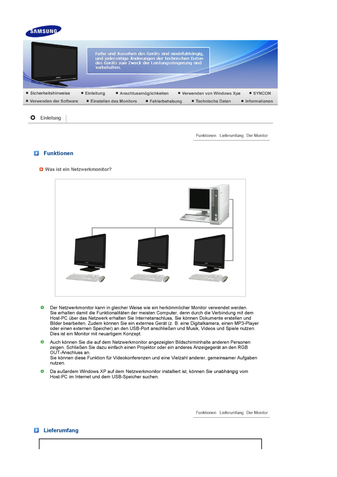 Samsung LF22TNTSFG/EDC manual Funktionen, Lieferumfang, Was ist ein Netzwerkmonitor? 