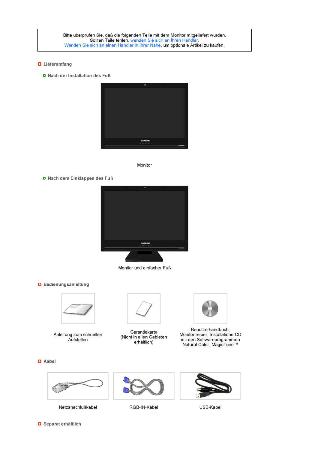 Samsung LF22TNTSFG/EDC Lieferumfang Nach der Installation des Fuß, Nach dem Einklappen des Fuß, Bedienungsanleitung, Kabel 